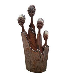 Hand-Carved Wooden Sculpture With Tribal Face Design - 10" Tall Unique Rustic De